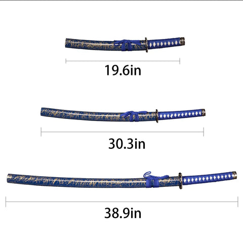 Three Piece Iaido Katana Set With Display Stand, Badass Blue Blade And Engraved Scabbard Pattern showing three sword lengths