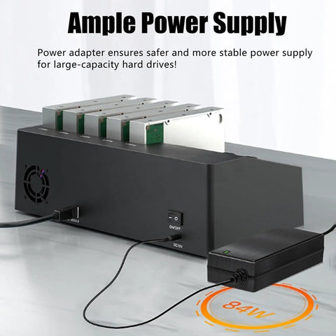 Five Bay Hard Drive Enclosure Copier Box For Offline Cloning Sata Ssd And Hdd with ample power supply and USB 3.0 connection.