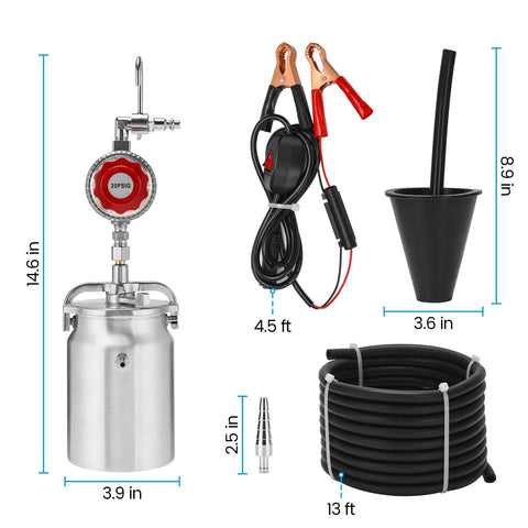 Amazon 12V DC EVAP smoke tester kit with gauge, metal canister, cone adapter, power cord, and long hose.