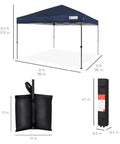 8x8ft Pop Up Canopy Tent For Fast Outdoor Shade No Fuss Setup One Person Setup In Under A Minute With One Push Button And No Pinch Height Adjustment Includes Carry Case And Four Weight Bags Navy Blue, with measurements and accessories shown.
