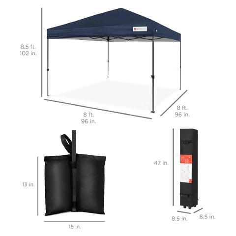 8x8ft Pop Up Canopy Tent For Fast Outdoor Shade No Fuss Setup One Person Setup In Under A Minute With One Push Button And No Pinch Height Adjustment Includes Carry Case And Four Weight Bags Navy Blue, with measurements and accessories shown.