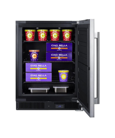 Built Tough 24 Inch All Freezer Stainless Finish Ada Compliant Frame 3 Point 7 Cu Ft Frost Free displaying Ciao Bella gelato and sorbet.