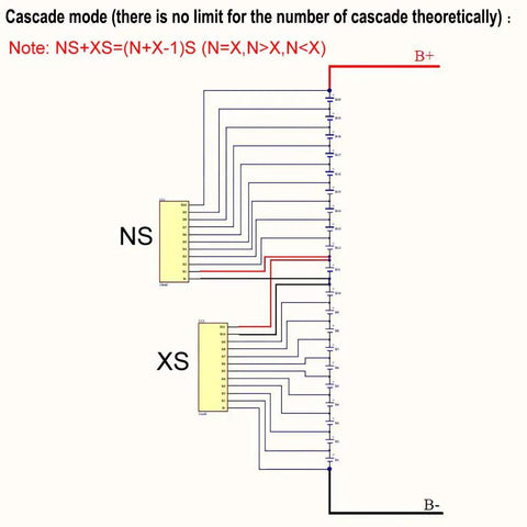 Schematic diagram illustrating cascade mode connections for Heavy Duty Active Equalizer Balancer Module for 13S 14S 15S 16S 17S Lithium Batteries.