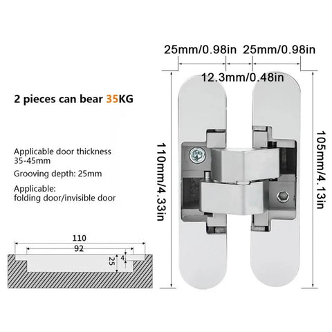 Three Dimensional Invisible Door Hinges For Wooden Doors And Aluminum Frame Doors Hidden Folding Doors 180 Degree Inside And Outside Open Black Finish Zinc Alloy Die Cast And 304 Stainless Steel Construction