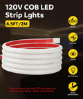 Warm White COB LED Strip Light 6.56Ft 3000K coiled with red self-adhesive backing and icons for features like CRI90Plus, flexible rope lighting.
