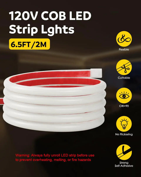 Warm White COB LED Strip Light 6.56Ft 3000K coiled with red self-adhesive backing and icons for features like CRI90Plus, flexible rope lighting.