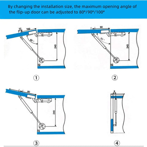 Smooth Acting Gas Strut Cabinet Hinge With Safety Lift Support And Reliable Soft Close Function For Toy Boxes And Cabinets, Durable Stainless Steel Core, Easy No Sweat Install, 2 Piece Set installation diagram showing adjustable angles 80°/90°/100°.