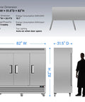 Built Different Commercial Reach In Upright Freezer With Three Solid Doors 72 Cubic Feet shown with dimensions 82" W x 31.5" D x 82" H.