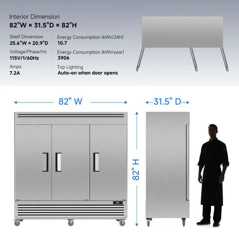 Built Different Commercial Reach In Upright Freezer With Three Solid Doors 72 Cubic Feet shown with dimensions 82" W x 31.5" D x 82" H.