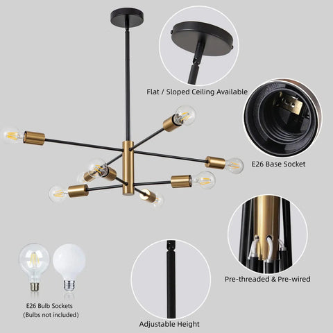 Eight Light Sputnik Chandelier In Black And Gold, Modern Industrial Vintage Ceiling Fixture With Adjustable Height, Perfect For Kitchen Island, Living Room, Bedroom, Hallway Or Foyer, Mid Century Inspired Loft Lighting