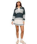 Women's Study Break Polo Sweatshirt In Feather Gray, 100 Percent Cotton With Yarn Dyed Stripe, Collared Polo Neck, Long Sleeves, Cozy Yet Polished Layer For Everyday Comfort And Effortless Style, front view