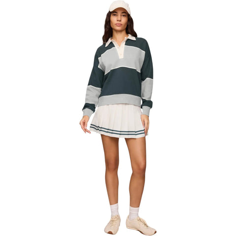 Women's Study Break Polo Sweatshirt In Feather Gray, 100 Percent Cotton With Yarn Dyed Stripe, Collared Polo Neck, Long Sleeves, Cozy Yet Polished Layer For Everyday Comfort And Effortless Style, front view