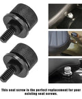 Heavy Duty Aluminum Knurled Motorcycle Seat Bolt Screws Featuring No Fuss Quick Swap For Dead Straight Hand Tightening On Custom Baggers And Touring Cruisers Matte Black Hardware Upgrade Kit close-up of two seat bolts with knurled design