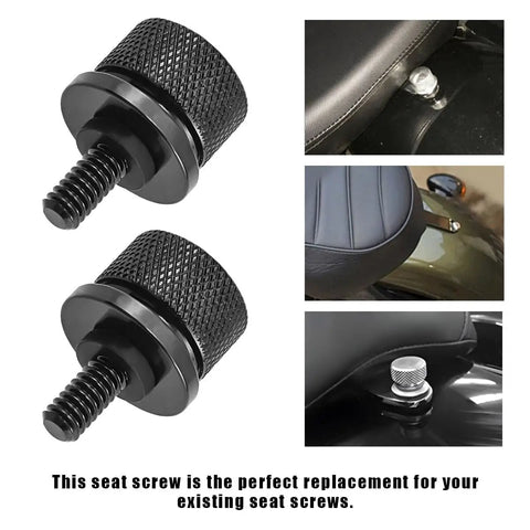 Heavy Duty Aluminum Knurled Motorcycle Seat Bolt Screws Featuring No Fuss Quick Swap For Dead Straight Hand Tightening On Custom Baggers And Touring Cruisers Matte Black Hardware Upgrade Kit close-up of two seat bolts with knurled design