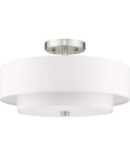 Brushed Nickel Flush Mount Ceiling Light With Off White Fabric Hardback Shade, Transitional Style Fixture for Living Room