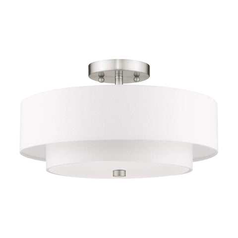 Brushed Nickel Flush Mount Ceiling Light With Off White Fabric Hardback Shade, Transitional Style Fixture for Living Room