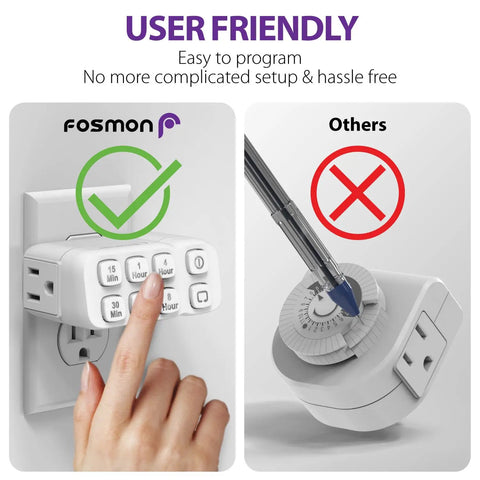 Foolproof Dual Outlet Countdown Plug In Timer For Indoor Lights And Appliances No Sweat Programmable Electric Socket on wall with user-friendly buttons.