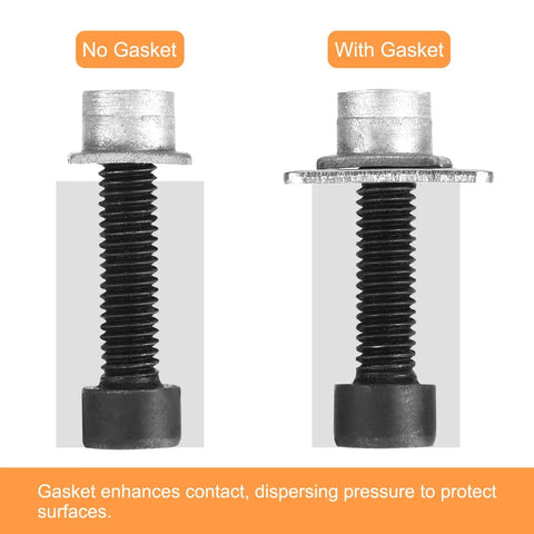 Comparison of bolts without and with Beveled Square Washers for M8 Bolts, emphasizing the added protection with washers.