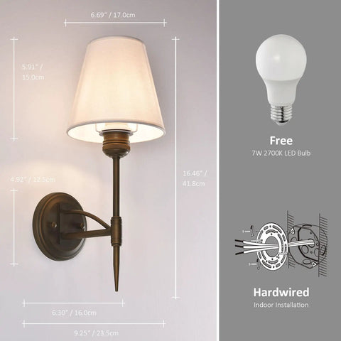 YS.ESUDSI Vintage Wall Sconces with White Fabric Shade Hardwired E26 Base dimensions and design features displayed.