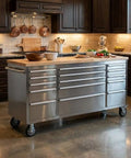 Beefy 72 Inch Rolling Tool Chest With Solid Wood Top And Stainless Steel Cabinet, 15 Drawers, in a kitchen setting.