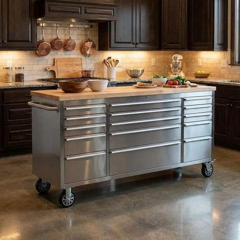 Beefy 72 Inch Rolling Tool Chest With Solid Wood Top And Stainless Steel Cabinet, 15 Drawers, in a kitchen setting.