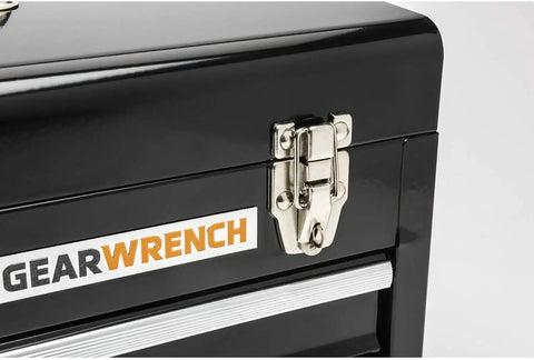 Close-up of lock on Three Drawer Steel Toolbox With Keyed Center Lock Black Powder Coat That Resists Rust 20 Inch Tool Box