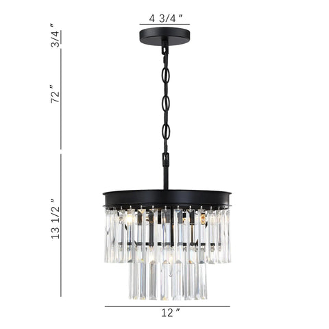 2 Tier Crystal Chandelier With Black Finish For Living Room Bedroom Dining Room And Hallway, Real K9 Crystals With Transparent Triangular Strips For Sparkling