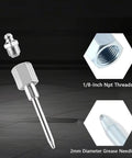 Heavy Duty Grease Needle Coupler High Pressure Nozzle Kit showing 1/8-inch NPT threads and 2mm grease needle hole
