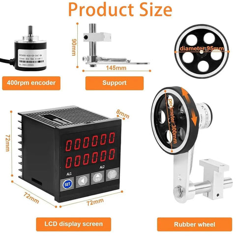 Straight Up Accurate Heavy Duty Cable Wire Length Counter With Dual Relay Output Control showing LCD display, rubber wheel, and encoder size.