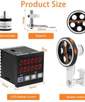 Slick Digital Length Meter Counter With Dual Relay Output For Cable Wire Rope And Fabric Tracking Dead On Precision Heavy Duty Rolling Wheel Measuring Tool 0 To 999999 Range showing LCD display and rubber wheel size.