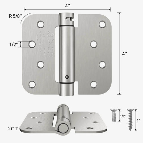 Self Closing 4 Inch Door Hinges With Spring Loaded Adjustable Tension For Front And Back Garage Doors Brushed Nickel UL Listed