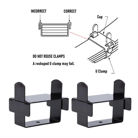 Durable 4 Piece Leaf Spring Clamp Kit For Trucks And Trailers, Stainless Steel Repair Holders Fit 2.5 Inch Springs To Keep You Stable On The Road black leaf spring clamps shown with reuse warning diagram