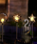 Celestial Solar Garden Stakes Set With Moon Sun Star Lights For Lawn Pathway And Flower Beds, 3 Pack Outdoor Decor, night view