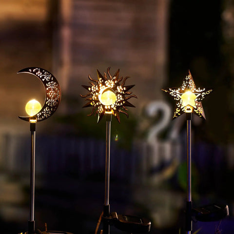 Celestial Solar Garden Stakes Set With Moon Sun Star Lights For Lawn Pathway And Flower Beds, 3 Pack Outdoor Decor, night view