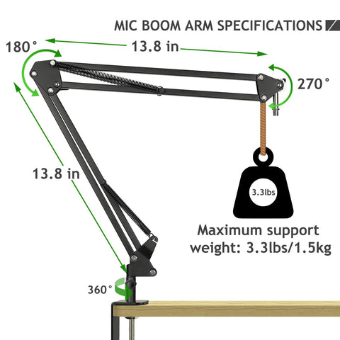 Microphone boom arm with dimensions and weight capacity, supporting Foldable Microphone Isolation Shield With Stand And Pop Filter For Condenser Mics In Home Studio.