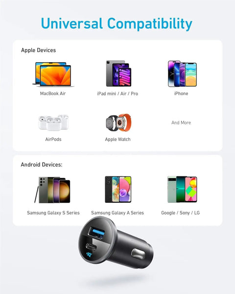 52.5W USB-C Car Charger Adapter With 30W PowerIQ 3.0 Fast Charging, device compatibility diagram for Apple and Android