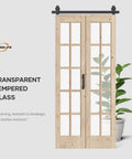 Double 18x84 Inch Bifold French Glass Door Kit With 3.3 Ft Hardware Track Preassembled Spruce Wood with transparent glass