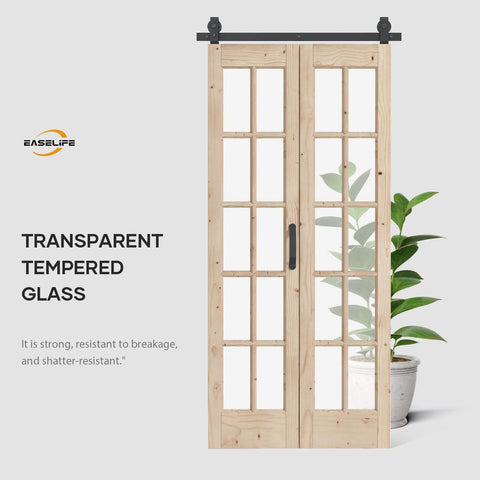 Double 18x84 Inch Bifold French Glass Door Kit With 3.3 Ft Hardware Track Preassembled Spruce Wood with transparent glass