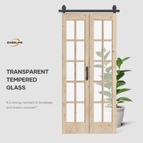Double 15X84 Inch Spruce Wood Bifold French Glass Door With Smooth Barn Style Slider And Full Hardware Track Kit, featuring transparent tempered glass.