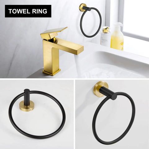 Close-up of black and gold towel ring from Five Piece Black And Gold Stainless Steel Bathroom Hardware Set, wall mounted near sink.