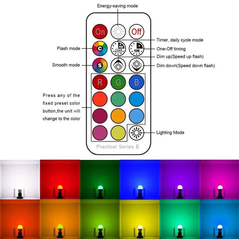 Remote control for Color Changing RGB LED Bulbs E12 5W 12 Colors A15 Candle Base With Remote 4 Pack with color options displayed.