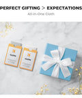 K&F Concept microfiber lens cleaning cloths, 2-pack, in orange-striped packaging next to a blue gift box with white ribbon.