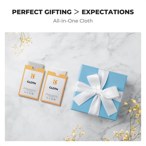 Front view of K&F CONCEPT microfiber lens cloth gift set with two orange-striped cloth packets and a blue gift box.