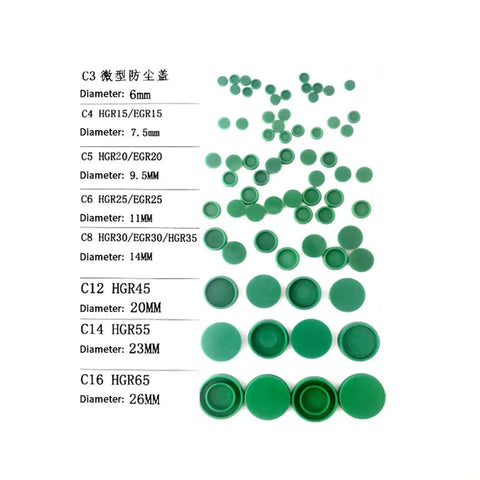 Pro Grade Aluminum Linear Guide Rail Dust Covers and Screw Hole Plugs display of various green sizes with measurements in mm