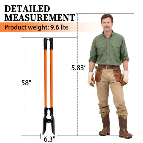 Heavy Duty Post Hole Digger With Fiberglass Handle And Carbon Steel Blades 58 Inch Reach Orange And Black measurement shown