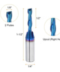 Amazon HARFINGTON spiral router bit, 1/8" cutting diameter, 2-flute up-cut, 1/4" shank, blue nano coating, front view.