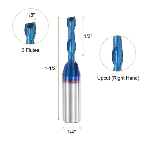 Amazon HARFINGTON spiral router bit, 1/8" cutting diameter, 2-flute up-cut, 1/4" shank, blue nano coating, front view.