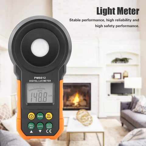 Digital Light Meter Lux Meter PM6612 and PM6612L with 200000 Lux High Range Auto Manual Range Data Hold Min Max Readouts Handheld Photometer Luminometer Workhorse for Lighting Photography Horticulture, black orange ABS body