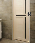 2 Pack Luminous Black 180 Degree Heavy Duty Barn Door Latches Thickened Zinc Alloy Sliding Flip Locks installed on bathroom door