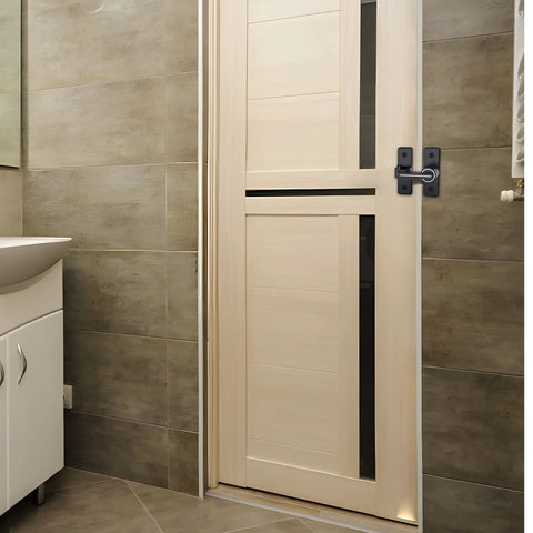 2 Pack Luminous Black 180 Degree Heavy Duty Barn Door Latches Thickened Zinc Alloy Sliding Flip Locks installed on bathroom door